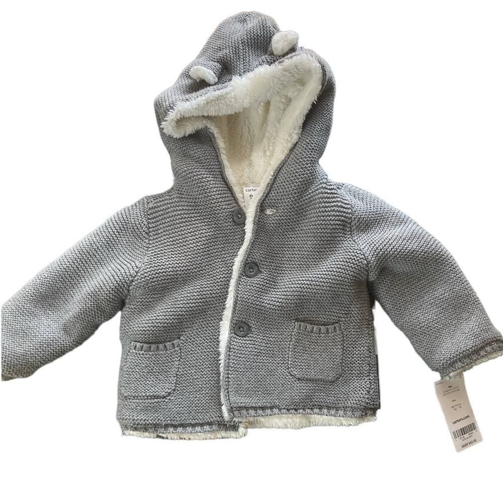Carter's Baby 9m‎ Bear Grey Knit Lined Sweater Jacket